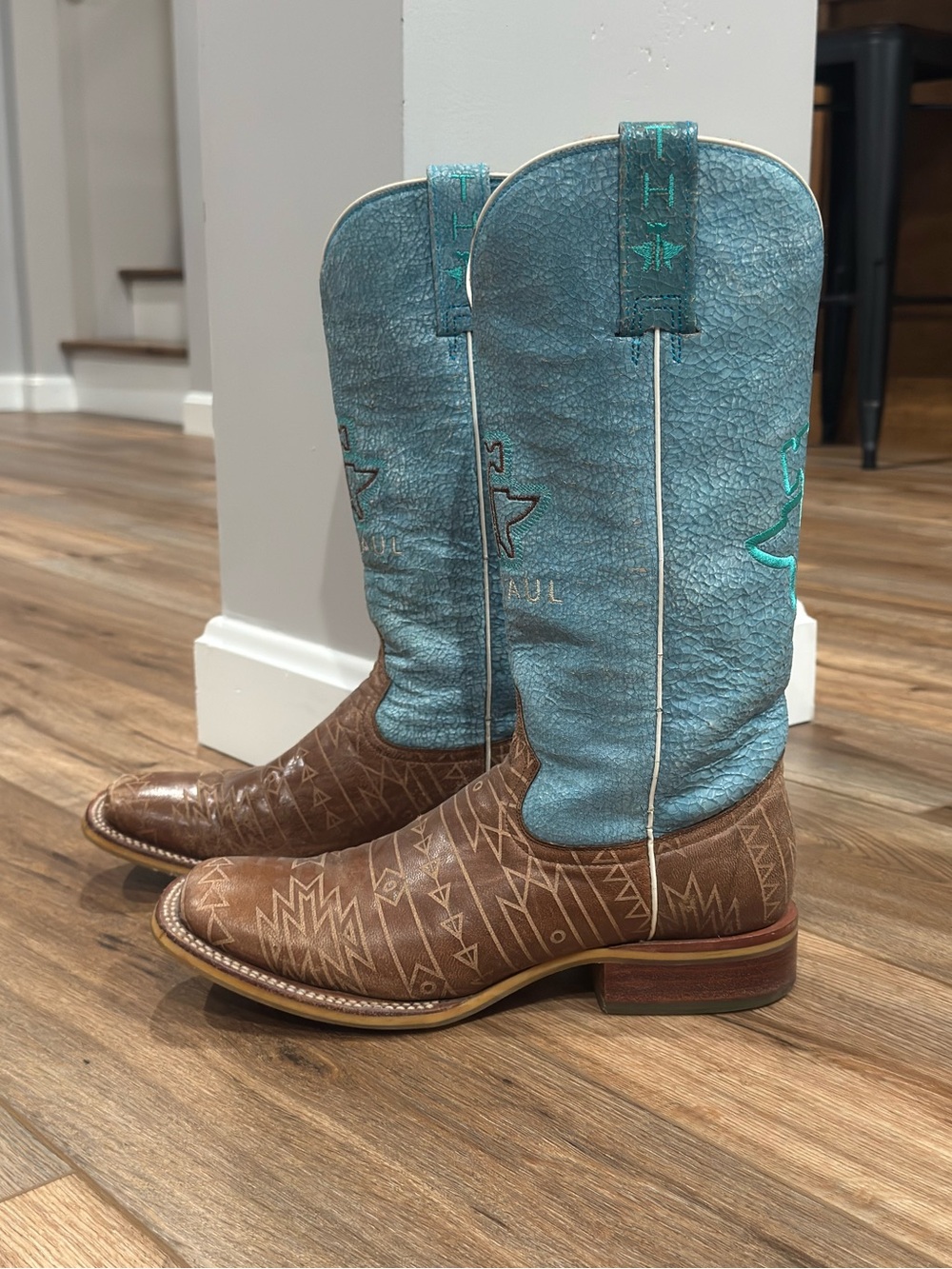TIN HAUL Western Aztec Turquoise Shaft Square Toe Cowboy Boots | Size 8.5